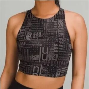 Lululemon Energy Bra High Neck Longline Wordmark Black White Logo Size 10